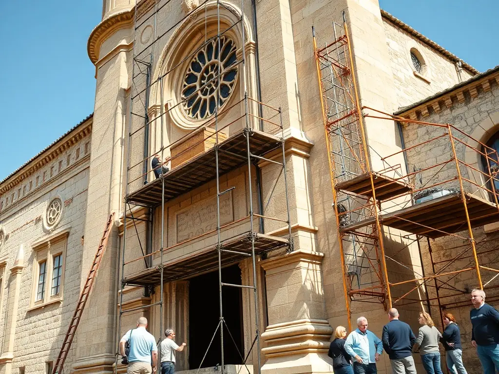 Photographie lumineuse montrant des artisans en pleine restauration de l’église romane de Cuffy, échafaudages en place, détails de pierres anciennes nettoyées, et bénévoles observant le chantier, illustrant l’engagement collectif pour le patrimoine.