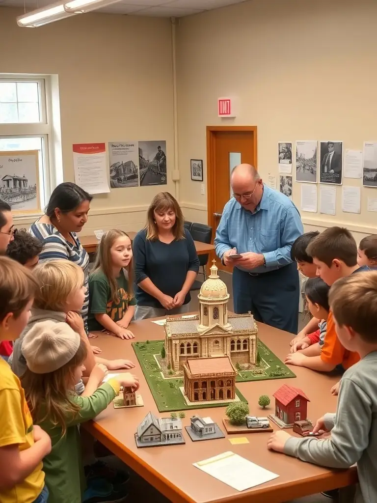 Groupe d’enfants et d’adultes participant à un atelier de découverte du patrimoine, manipulant des maquettes de l’église et écoutant un guide passionné.