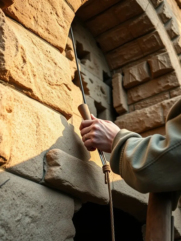 Photographie d'artisans locaux travaillant sur la restauration de la façade en pierre de l'église romane de Cuffy, outils traditionnels à la main, sous une lumière matinale douce.