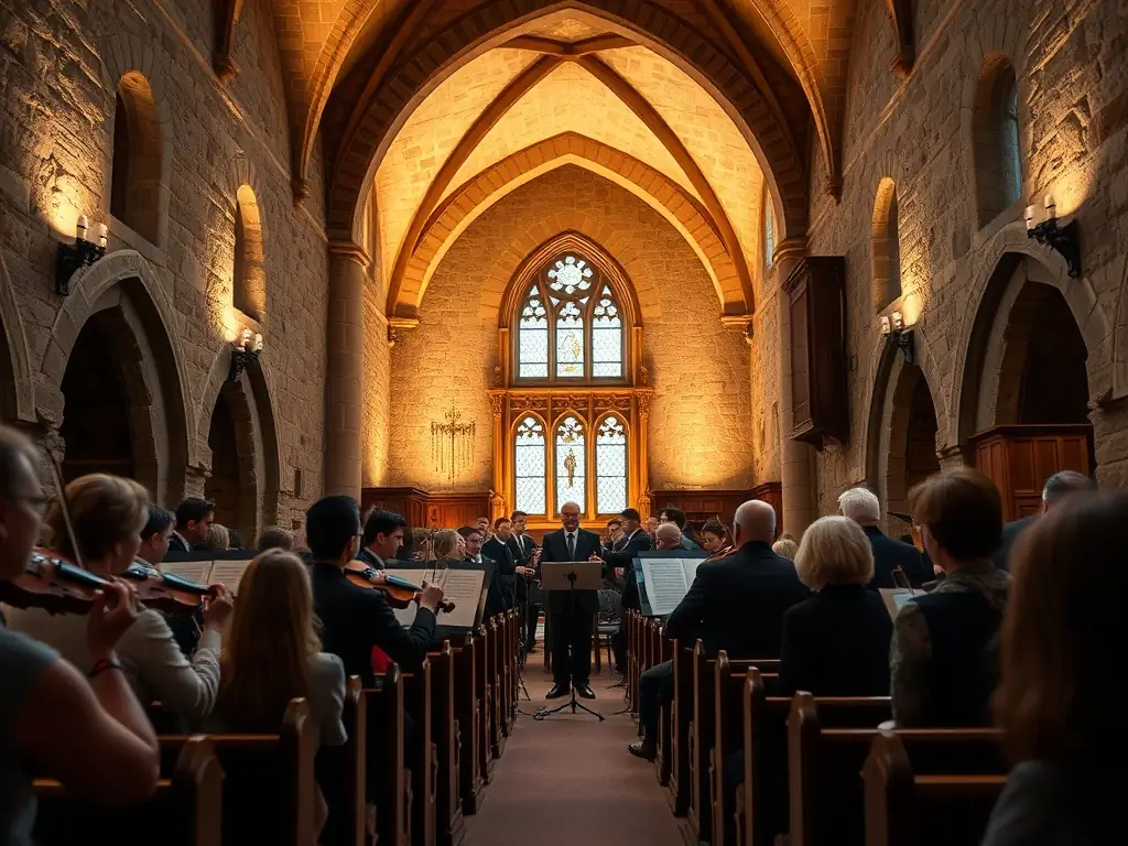 Photo d’un concert de musique classique dans l’église restaurée, public attentif, musiciens en habits traditionnels, lumière douce sur les voûtes, mettant en valeur la dimension vivante et culturelle du patrimoine.