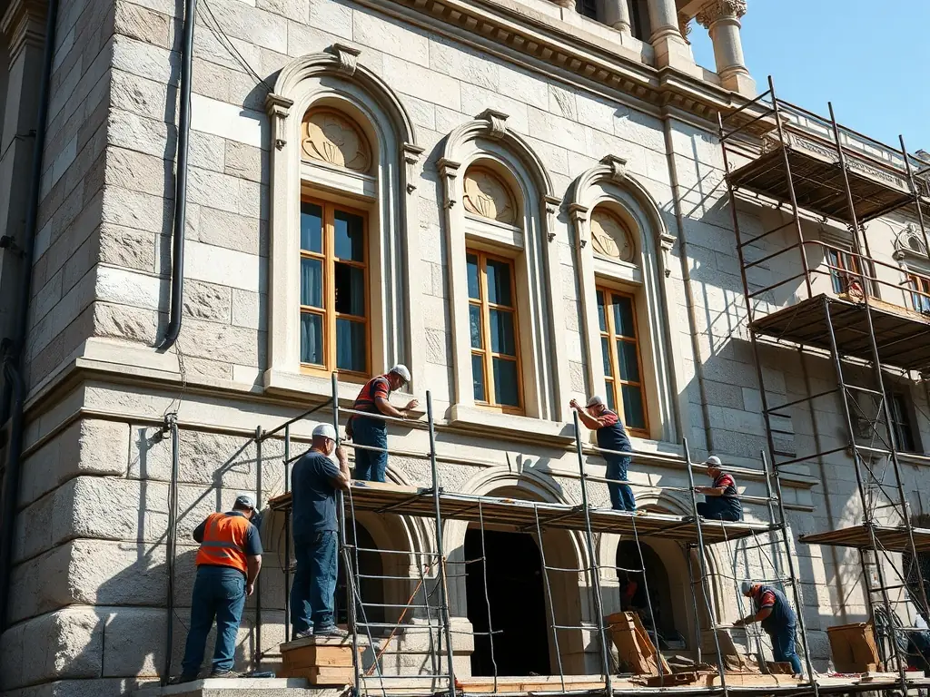 Photographie d’artisans locaux travaillant sur la restauration de la façade en pierre de l’église romane de Cuffy, sous un ciel bleu, avec des outils traditionnels et des échafaudages, illustrant la préservation du patrimoine architectural.