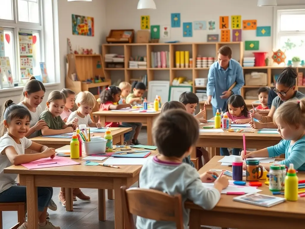 Image colorée d’un atelier pédagogique pour enfants dans l’église, avec des tables, du matériel créatif, des enfants dessinant des vitraux, et un animateur expliquant l’histoire locale, dans une ambiance conviviale et éducative.