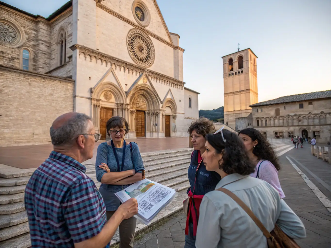 Image colorée d’une visite guidée animée par un bénévole passionné, un groupe de visiteurs attentifs devant les fresques restaurées de l’église, lumière naturelle mettant en valeur les détails architecturaux.