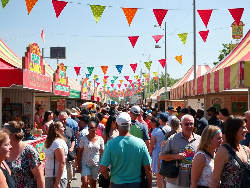 Image d’une fête de village animée sur la place centrale de Cuffy, avec des habitants de tous âges participant à un atelier de peinture en plein air, des stands de livres et des musiciens jouant sur une petite scène.