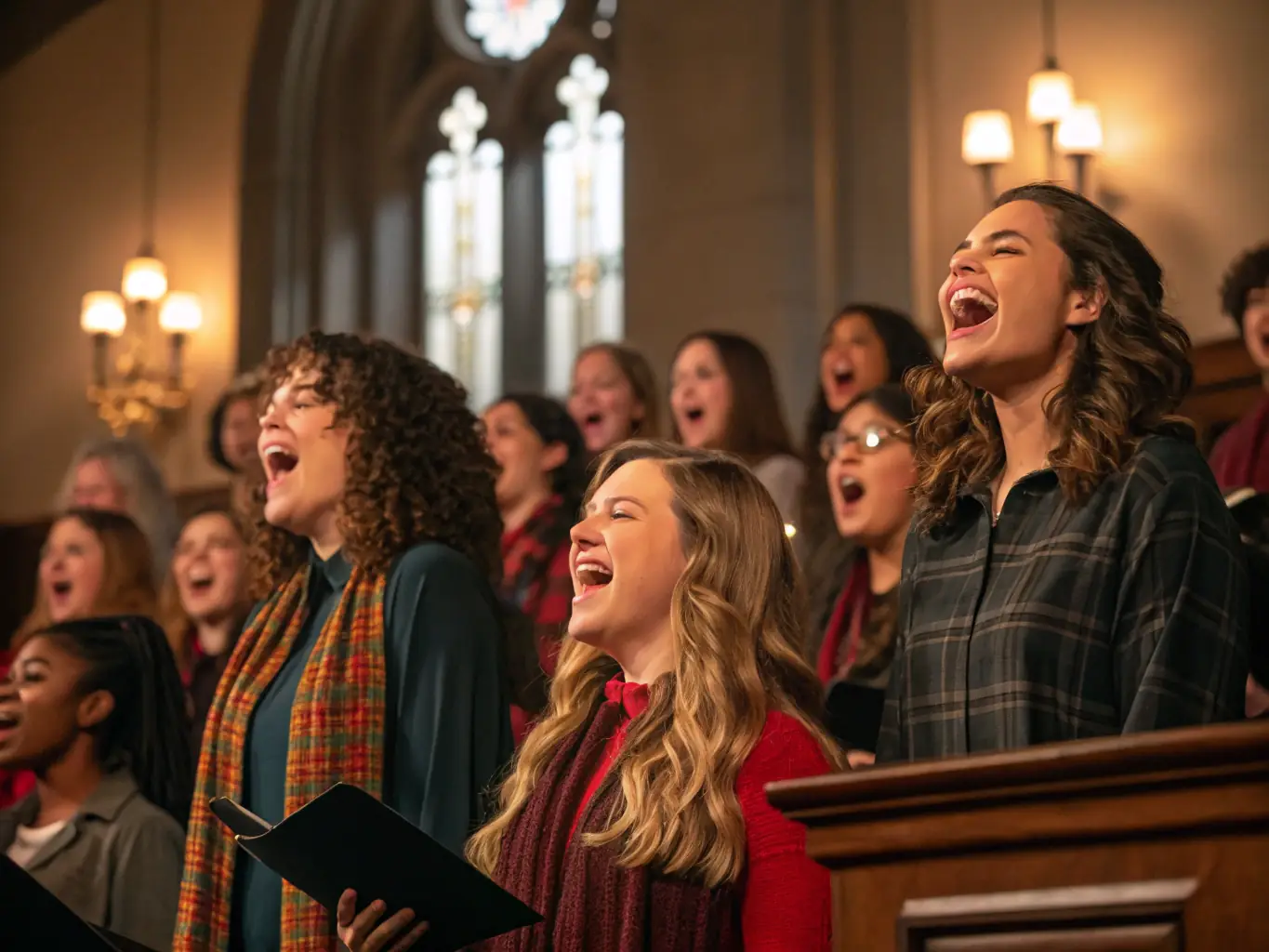 Photo d’un concert ou d’un événement culturel organisé dans l’église, public attentif, musiciens locaux sur scène, décor patrimonial en arrière-plan, ambiance chaleureuse et festive.