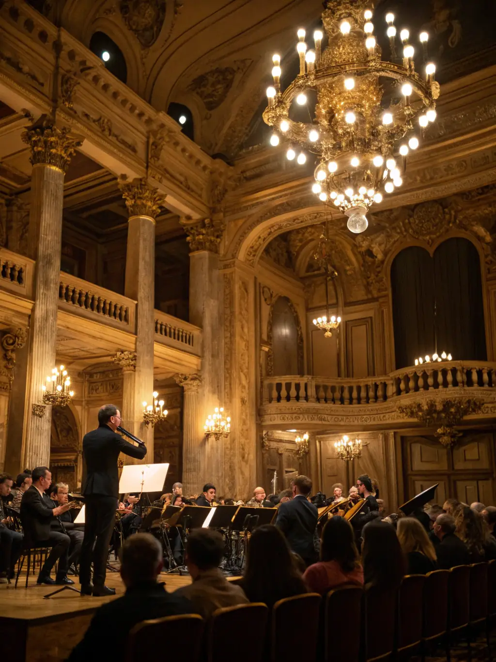 Soirée culturelle avec concert de musique classique à l’intérieur de l’église, éclairée à la bougie, public attentif et ambiance chaleureuse.