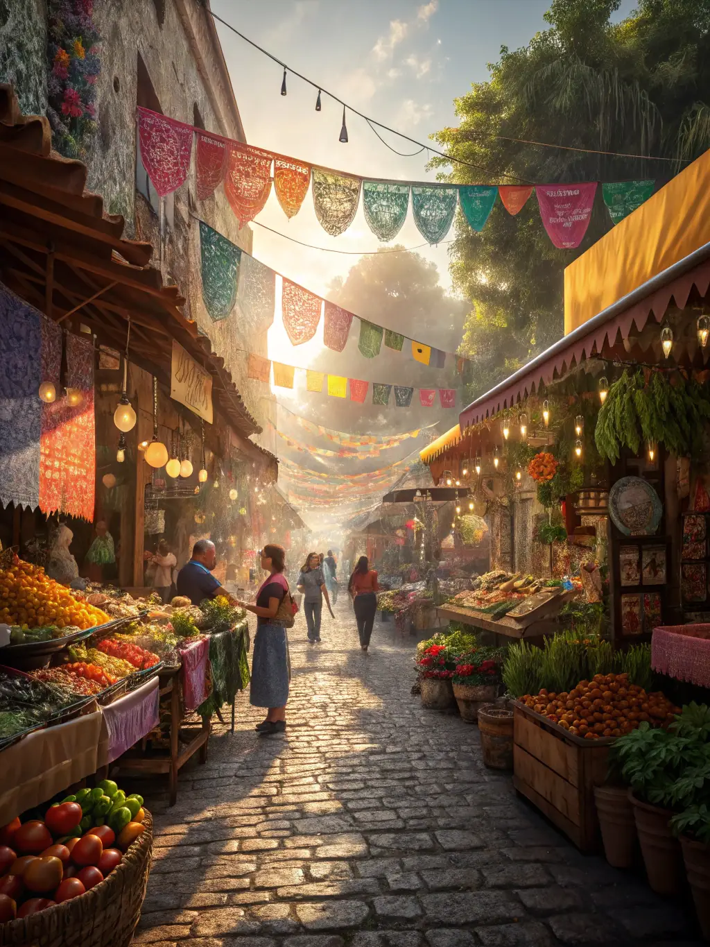 Scène animée d’un marché artisanal organisé devant l’église de Cuffy, avec des stands colorés, des visiteurs souriants et des produits du terroir exposés.