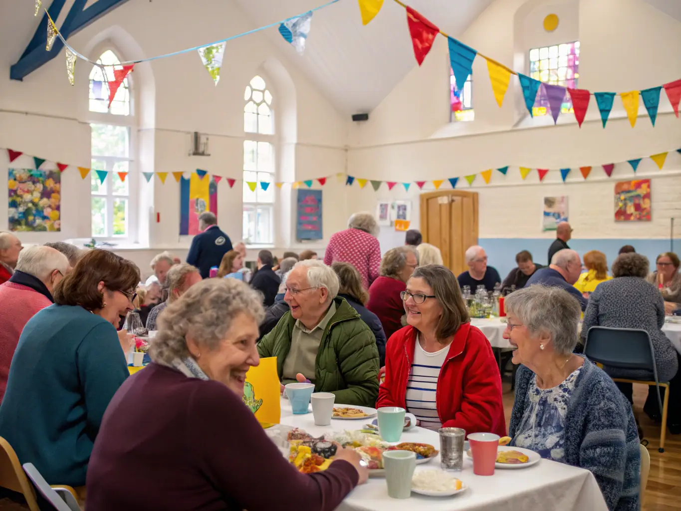 Photographie lumineuse d’un groupe d’enfants et de seniors réunis lors d’un atelier découverte dans l’église de Cuffy, échangeant autour d’objets historiques restaurés, ambiance conviviale et intergénérationnelle.